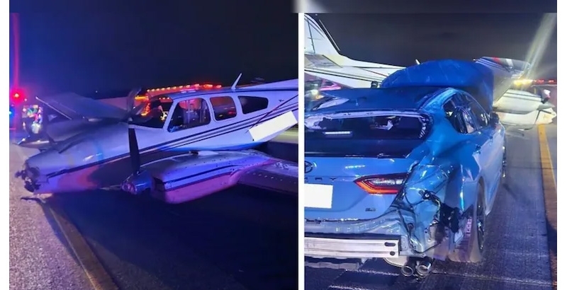 അടിയന്തര ലാൻഡിങ് ശ്രമം പാളി: അമേരിക്കൻ ഹൈവേയിൽ വിമാനം കാറുകളിൽ ഇടിച്ചിറങ്ങി